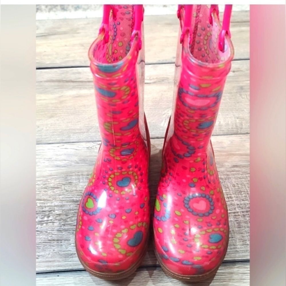 EUC - Girls Pink Rubber Rain Boots Hearts Graphic Pull Up Straps - Size 11/12 - Picture 3 of 8